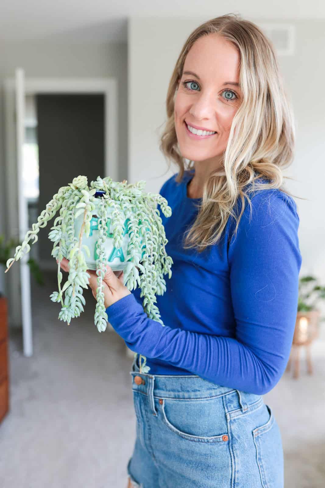 jen biswas with burro's tail plant